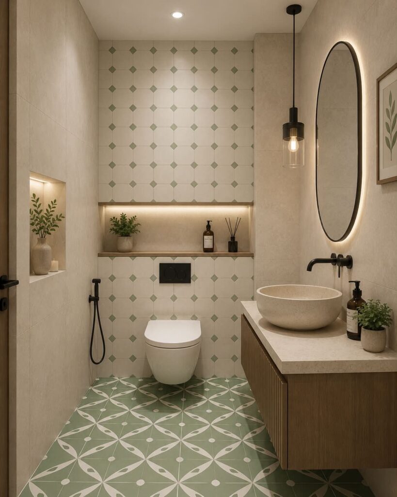 Modern small bathroom with beige walls, green patterned tiles, and floating wooden vanity.