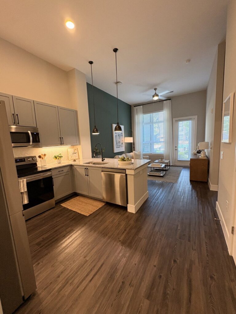 Modern apartment interior with a grey kitchen opening into a bright living area.