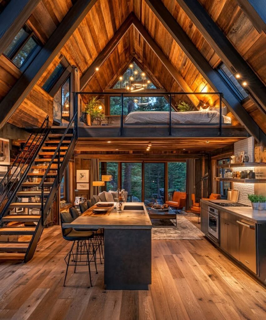 Wooden A-frame cabin interior with a lofted bedroom overlooking a modern kitchen and living room.
