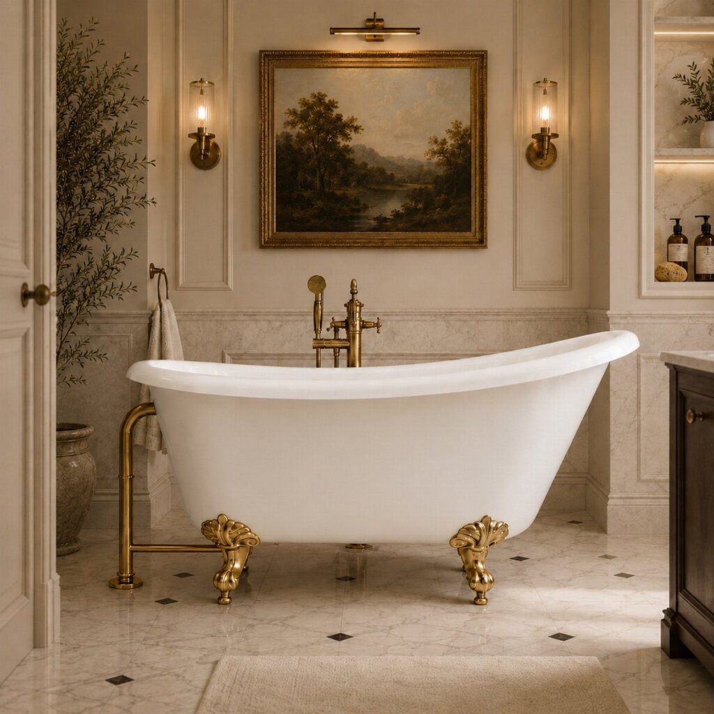 White claw-foot bathtub with gold legs in a classic luxury marble bathroom