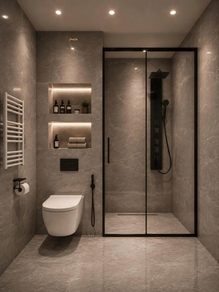 Modern bathroom with grey marble walls, black shower fixtures, and a white toilet.