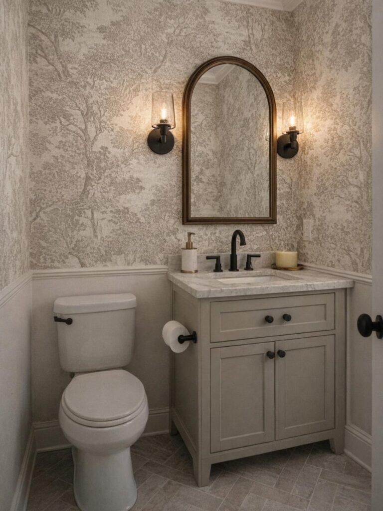 Bathroom with beige toile tree wallpaper, grey vanity, and arched gold mirror.