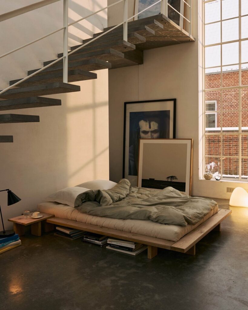 Low platform bed with grey linens in a minimalist room under a staircase.