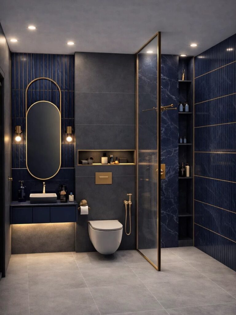 Modern bathroom with dark blue tiles, grey walls, and gold hardware accents.