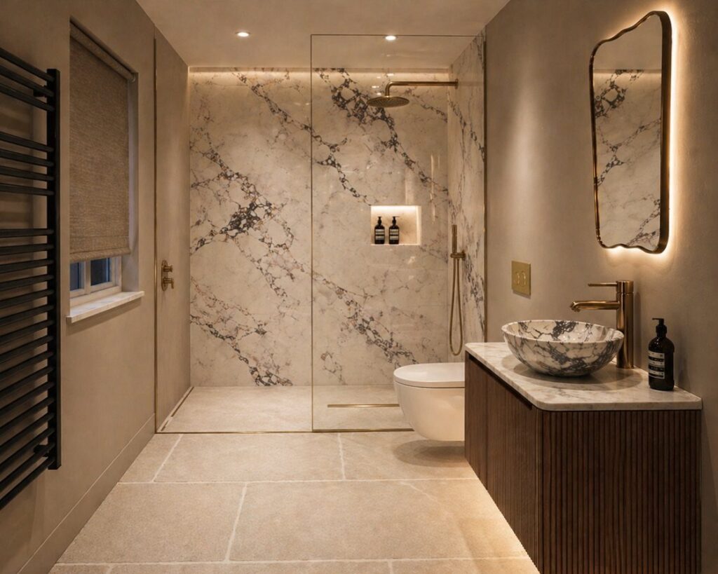 Modern bathroom with marble shower walls, wooden vanity, and backlit organic mirror.