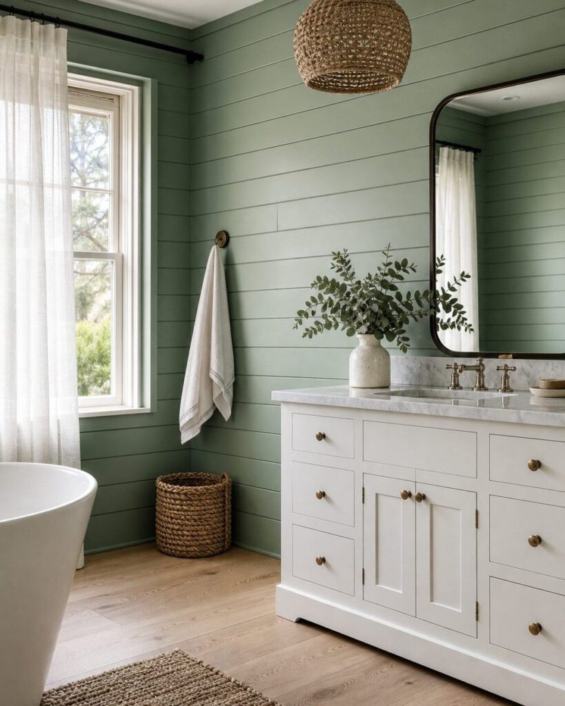 Sage green shiplap bathroom walls with white vanity and freestanding bathtub