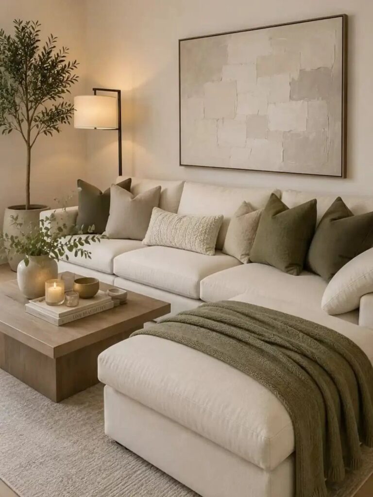 White sectional sofa with olive green accents in a neutral toned living room