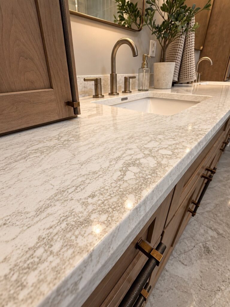White marble bathroom countertop with gold faucets and light wood cabinets.