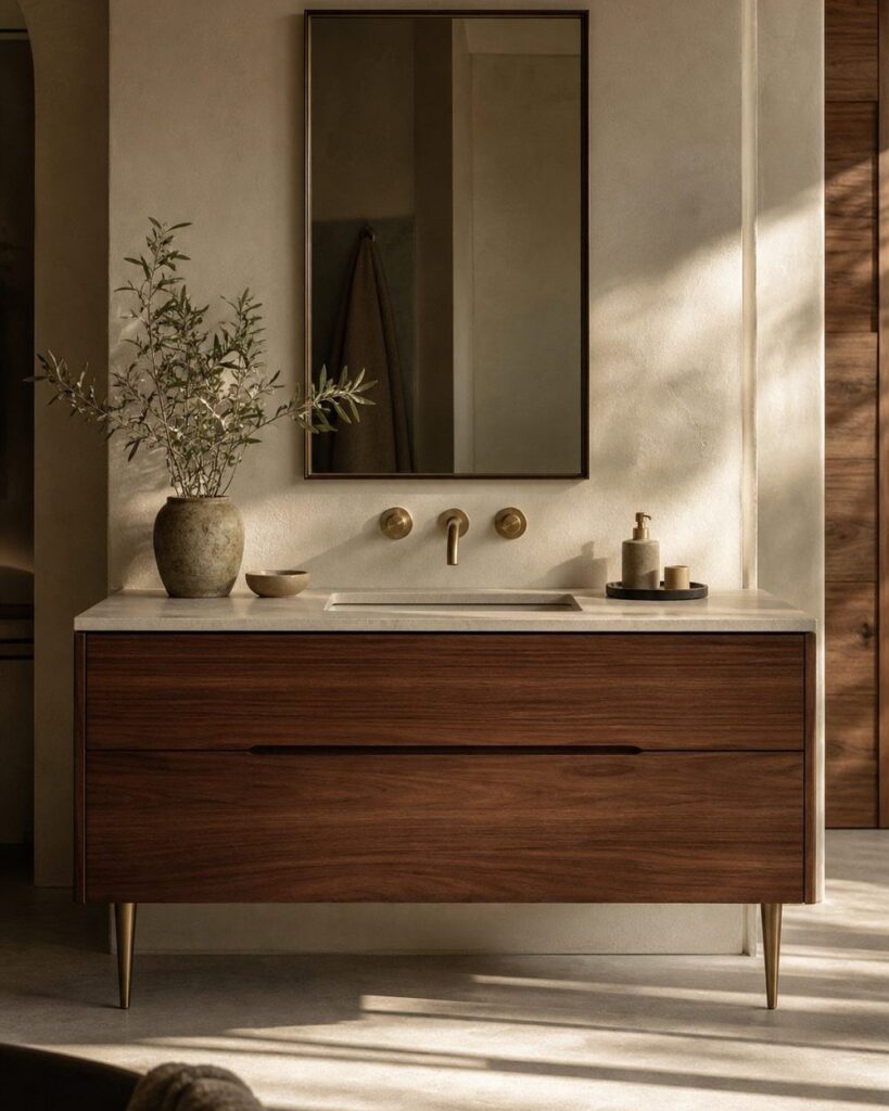 Dark wood bathroom vanity with marble top and gold legs in a minimalist room