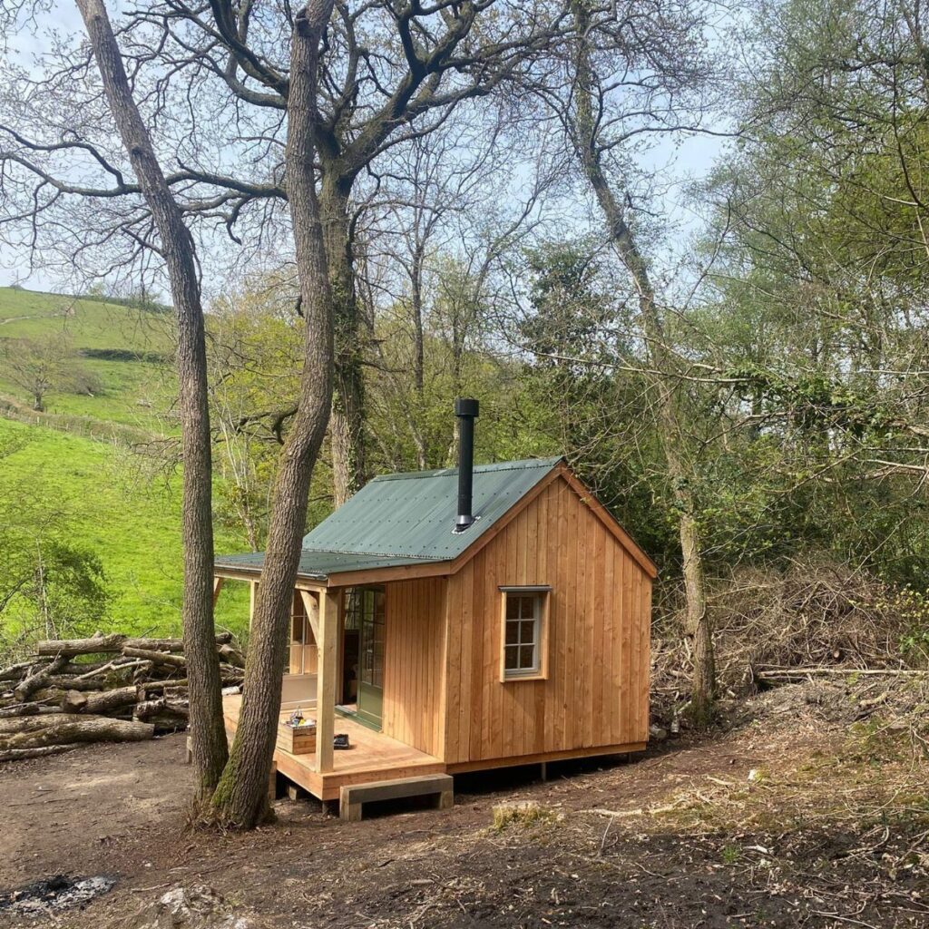 Small wooden cabin with green roof and chimney in a forest setting