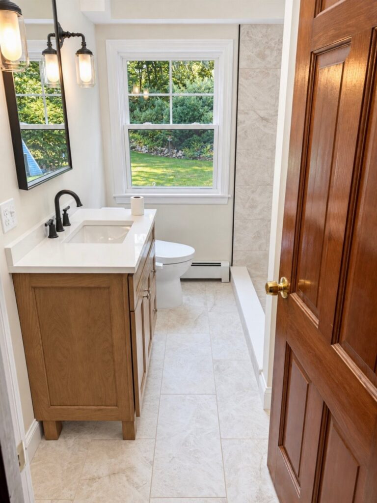 Small bathroom with wood vanity, white fixtures, and light tile flooring.