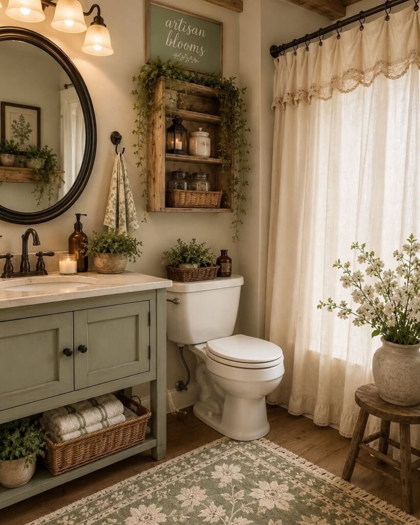 Sage green bathroom vanity and matching rug in a rustic, cozy interior setting.