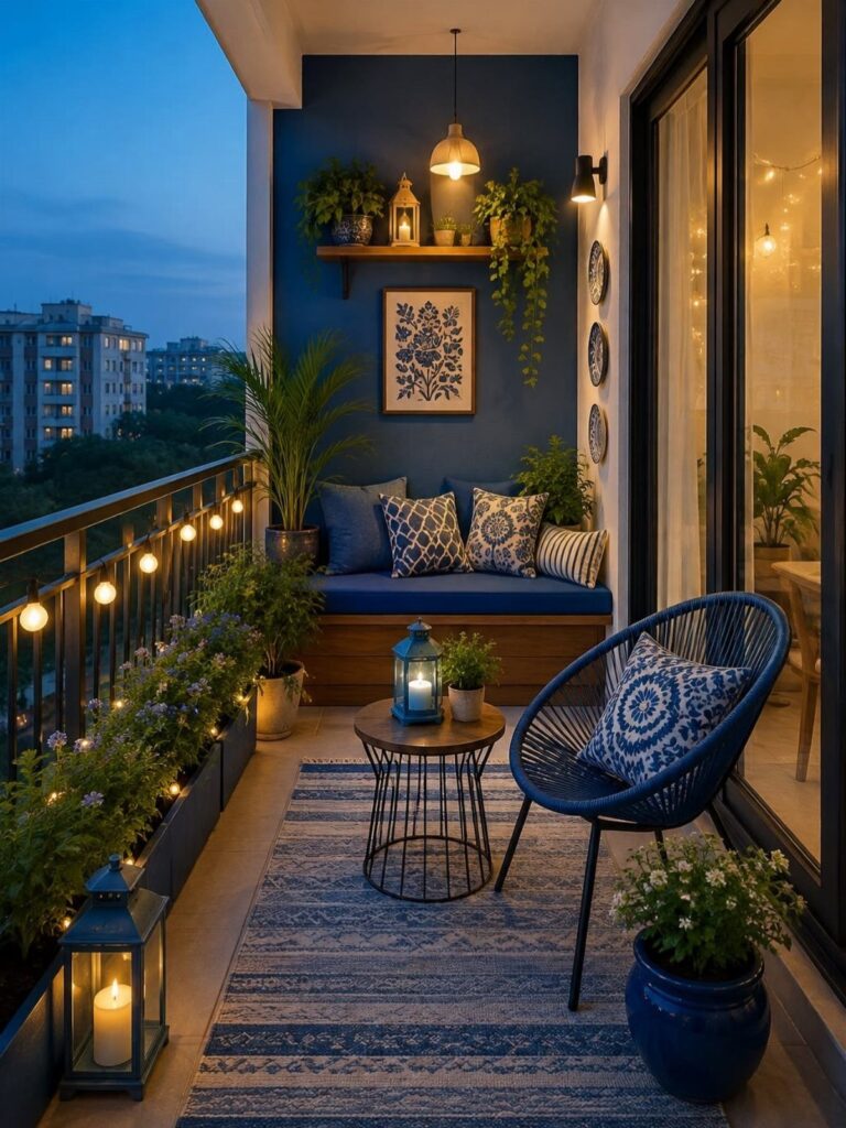 Cozy small apartment balcony with blue decor, comfortable seating, and warm ambient lighting.