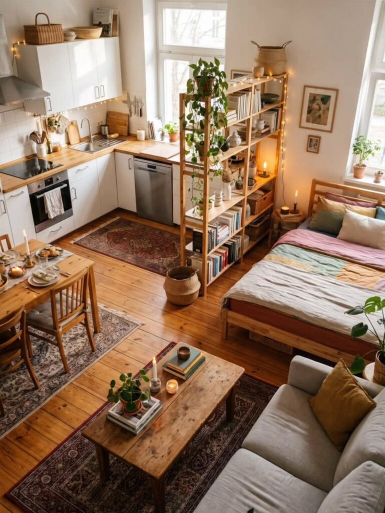 Small studio apartment interior with integrated kitchen, living area, and wooden bed frame.