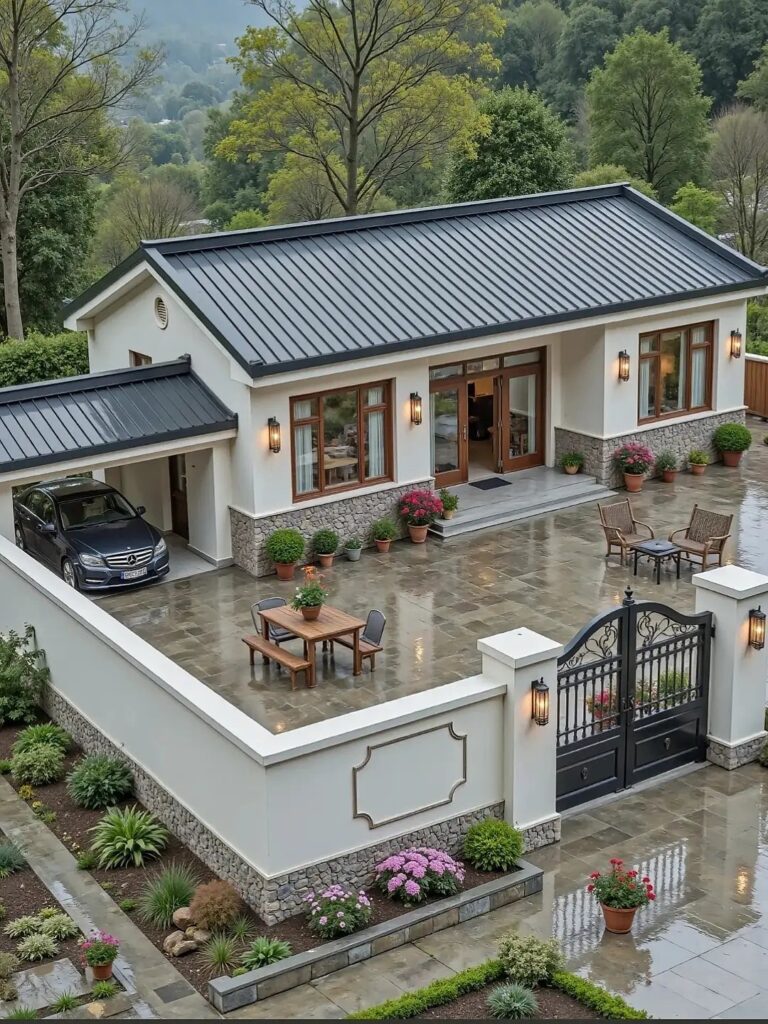 Small modern white house with a grey metal roof and paved courtyard garden