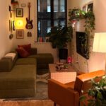 Small living room with white walls, light wood floors, and green furniture.