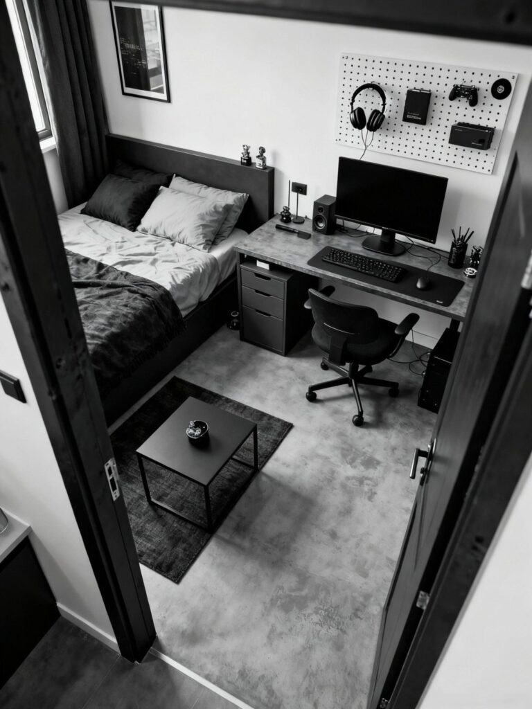 Small studio apartment with a bed, computer desk, and coffee table in monochrome.