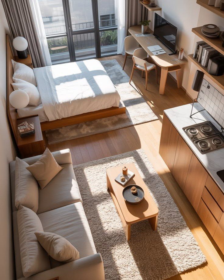 Studio apartment layout with integrated bedroom, living area, workspace, and small kitchen.