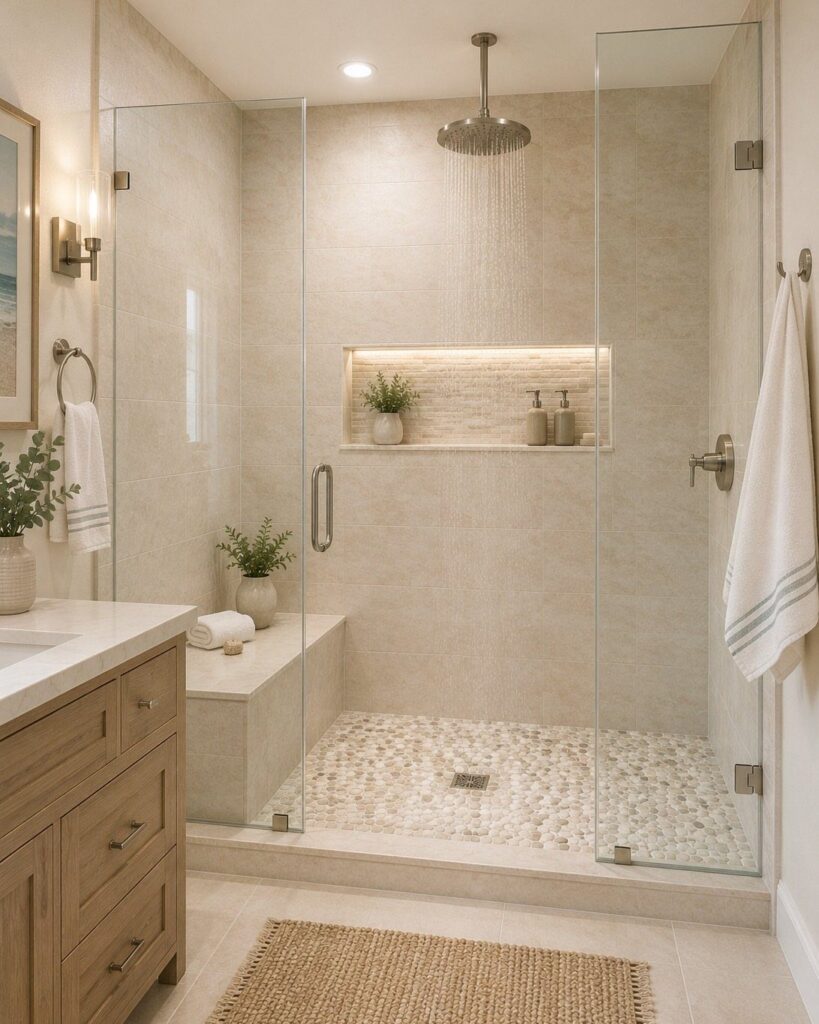Modern walk-in shower with glass walls, pebble flooring, and a rain showerhead.